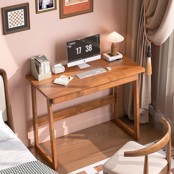 100% Solid Wood Desk with Drawers - 39 x 18 Inch Vintage Narrow Desks, Mid Century Modern Desk, Small Writing Desks for Small Spaces|Bedroom, Living Room & Office - Walnut Color