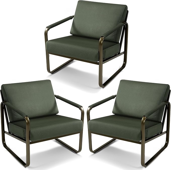 PrimeZone Mid-Century Modern Accent Chair Set of 3 - Comfy Fabric Living Room Chair, Lounge Armchair with Extra Soft Padded & Cushion, Ergonomic Accent Chair for Bedroom Office, Dark Green