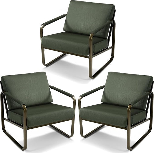 PrimeZone Mid-Century Modern Accent Chair Set of 3 - Comfy Fabric Living Room Chair, Lounge Armchair with Extra Soft Padded & Cushion, Ergonomic Accent Chair for Bedroom Office, Dark Green