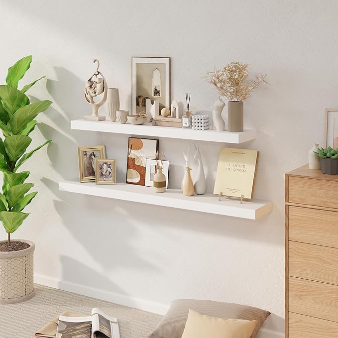 Fun Memories Floating Shelves, 9.3 Inch Deep Solid Pine Wood Wall Shelves for Storage, Rustic Wall Mounted Display Shelf with Invisible Heavy-Duty Metal Bracket, 48 Inch Width, White