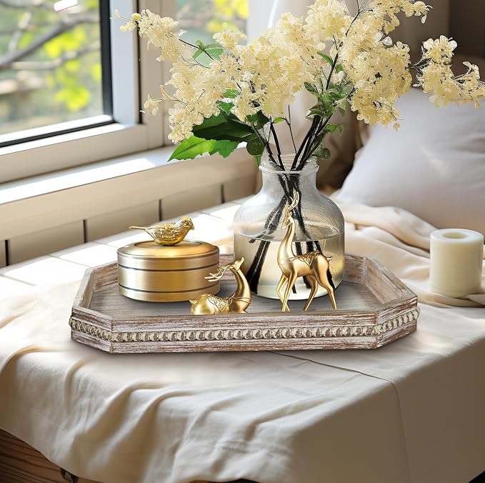 MAONAME Wood Serving Tray, Farmhouse Wooden Tray for Coffee Table, Octagonal Beaded Trays, Washed White Decorative Trays for Living Room, Kitchen, 15.7" X 10.2" X 1.6"