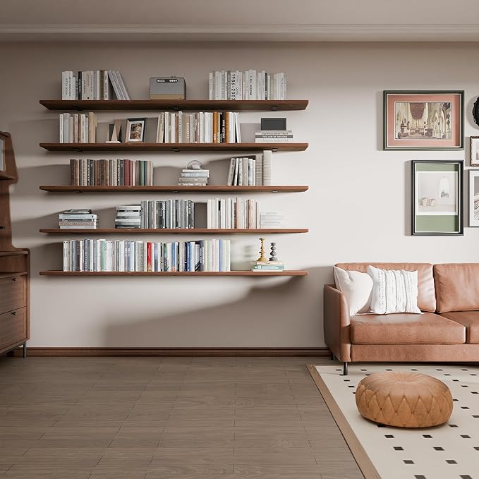 5 Tier Book Shelf,Long Floating Shelf for Wall 72 inch,Farmhouse Bookcase Long Wall Shelves,Wall Mounted Bookshelf Display Shelves