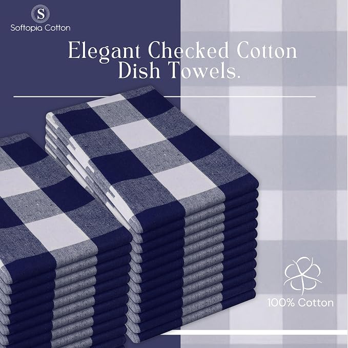 Navy Blue Buffalo Check Kitchen Towels, 4 Pack, 100% Cotton, 16x26 Inches, Soft, Absorbent, Quick Dry, Dish Cloths, Bar & Restaurant Cleaning Towels with Hanging Loop, Navy White