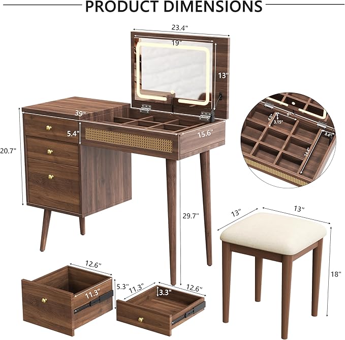 Mid-Century Modern Vanity Desk with Flip-Top Mirror and Lights 39" Brown Makeup Vanity Table with 3 Drawers 10 Compartments Wooden Legs Stool Retro Rattan Vanity Set for Girls,Walnut