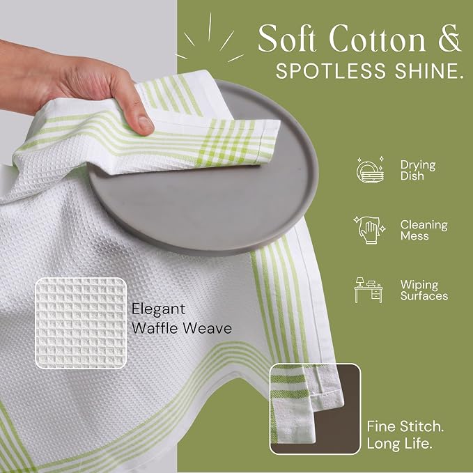 Waffle White & Lemon Green 12 Pack Kitchen Towels, 100% Cotton, 16x26 inches, Everyday Use Dish Cloths Set, Durable and Absorbent Hand Towel, Ideal for Drying Dishes, DIY Embroidery