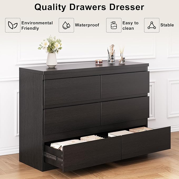 Modern Black 6 Drawer Dresser - Simply Chest of Drawers for Bedroom, Closet, Living Room, Hallway, Entryway, Wood Storage Double Dresser with Smooth Metal Rails - Black