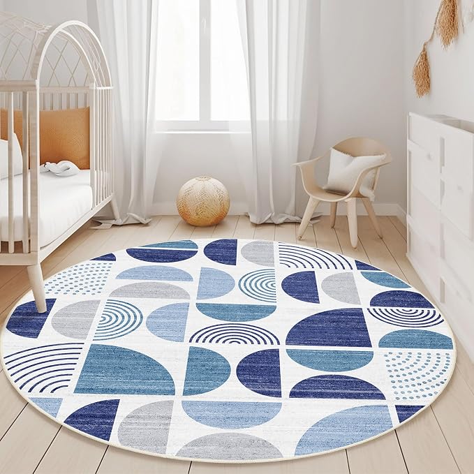 MUJOO Round Rugs 5ft,Circle Area Rug Washable,Circular Rugs for Living Room Dining Room,Boho Non Slip Throw Floor Carpet Modern Abstract Navy Blue
