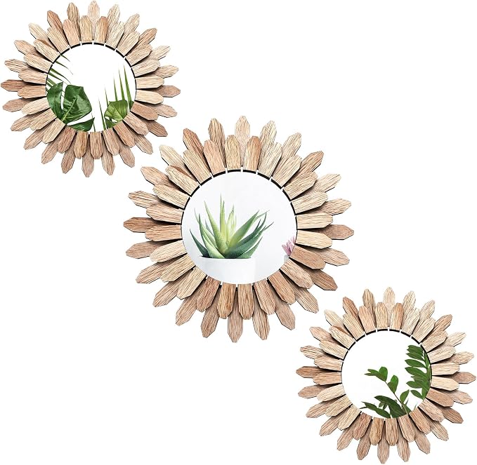 Fourluoo 3 Pack Gold Sunburst Mirrors for Wall Decor Circle Flowers Mirrors Decorative Gold Hanging Wall Art Flowers Mirror for Home Living Dinning Room Bedroom Bathroom Boho Decoration Art (Flower)