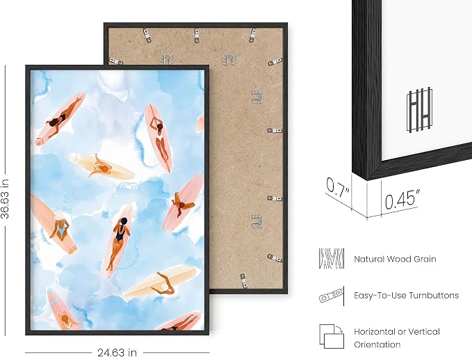 HAUS AND HUES Beach Wall Decor - Watercolor Surfboard Beach Scene Artwork for Living Room (Black Frame, 24x36)