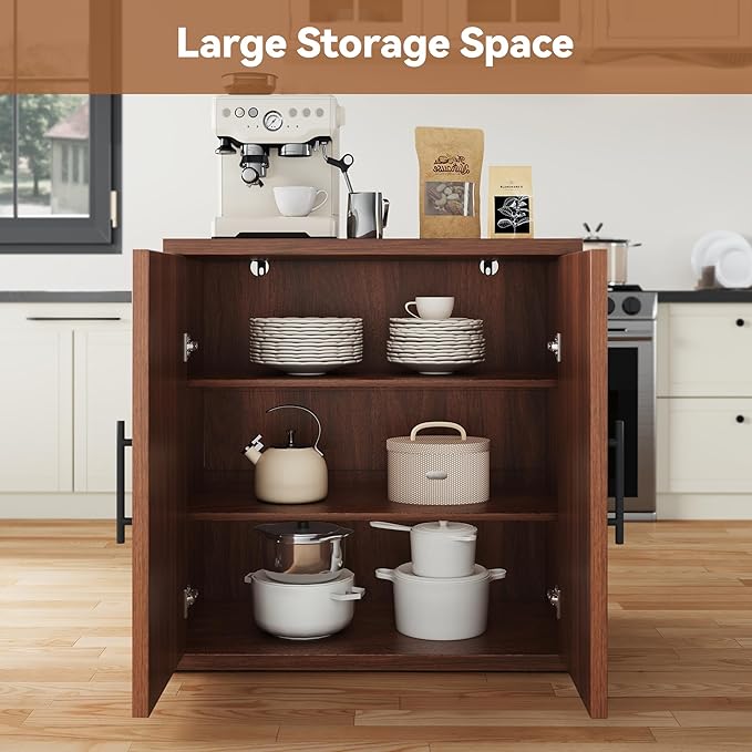 31.5" Fluted Buffet Cabinet with Storage, Mid-Century Symmetrical Arched Sideboard Credenza with Adjustable Shelf, Large Wood Console Table for Dining Room, Kitchen, and Living Room(Walnut)