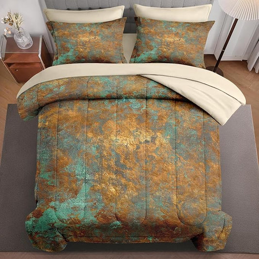 7Pcs Comforter Set Full Size, Teal Brown Bronze Copper Gradations Abstract, Bedding Decor Orange Rust Brass Metallic Bedroom Bed Set Flat Sheet Fitted Sheet Pillowcases Shams for Kids Adults