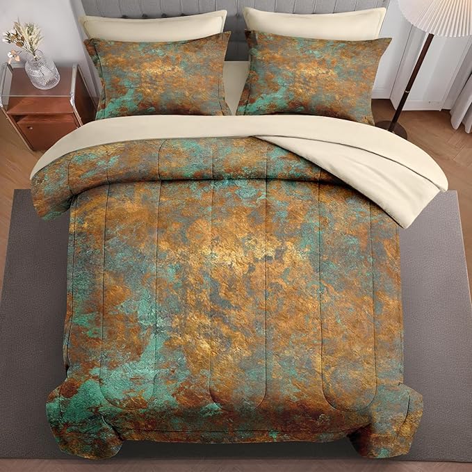5Pcs Comforter Set Twin Size, Teal Brown Bronze Copper Gradations Abstract, Bedding Decor Orange Rust Brass Metallic Bedroom Bed Set Flat Sheet Fitted Sheet Pillowcases Shams for Kids Adults
