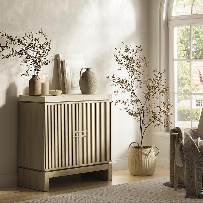 BELLEZE Anton 2 Door Sideboard Buffet Cabinet with Travertine-Look Top, Fluted Reeded Doors, Adjustable Shelf Storage Credenza for Dining Room Living Room Entryway, Travertine Greige