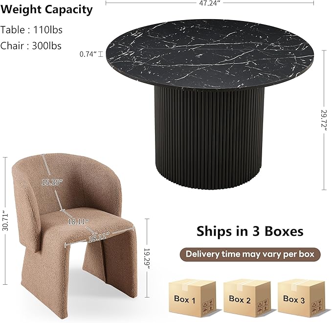 NORDICANA 3-Piece Round Dining Table Set for 2, Modern 47-Inch Kitchen Table and Chair Set, Dining Set with Brown Upholstered Armchairs, Manufactured Wood Top with Black Marble Effect Finish
