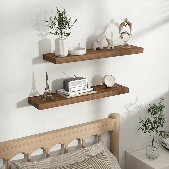 Fun Memories Rustic Wood Floating Shelves for Wall, Space-Saving Wall Mounted Shelves for Bathroom, Bedroom, Living Room and Kitchen, Stylish Storage & Display (Set of 2, Walnut, 30 in)