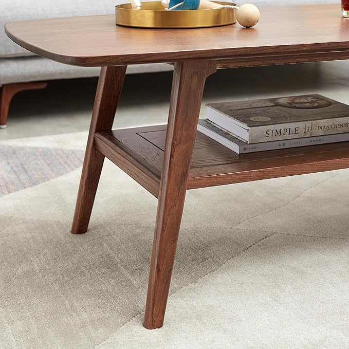 100% Solid Wood 2-Tier Coffee Table with Open Storage, Easy Assembly Center Table for Living Room, Walnut Finish with Side Table Function, Mid Century Modern Style (47.24" Solid Wood Table)