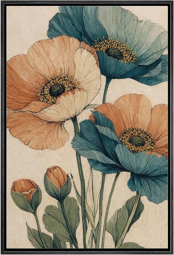 Woodrose Framed Canvas Print Wall Art Vintage Poppy Flowers Botanical Illustrations Modern Art Minimalist 3D Colorful Ultra for Living Room, Bedroom, Office - 16"x24" BLACK