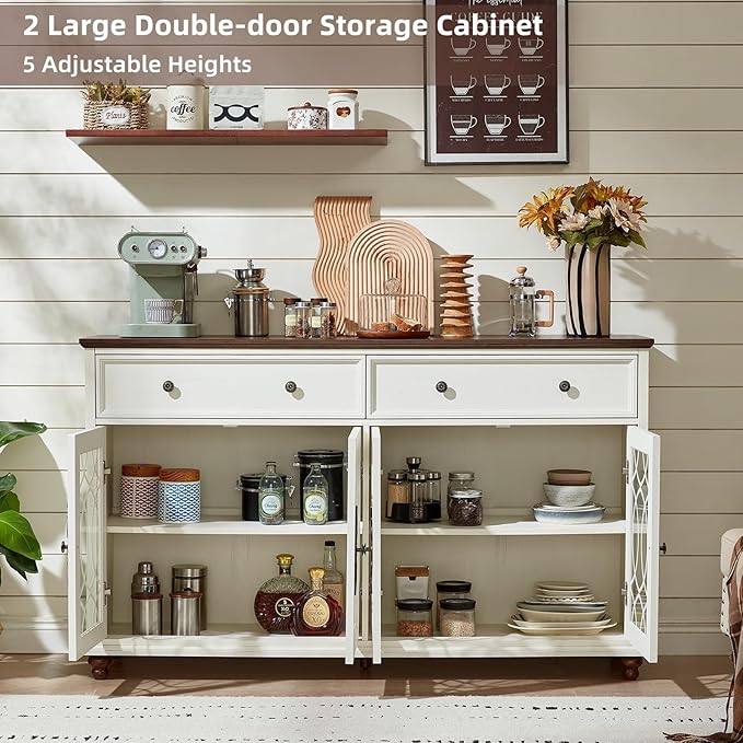 Farmhouse Sideboard Buffet Cabinet with Storage,59" Large Credenza with 4 Glass Doors & 2 Drawers, Wood Kitchen Coffee Bar, Adjustable Shelves Console Table for Dining Room,Living Room,White