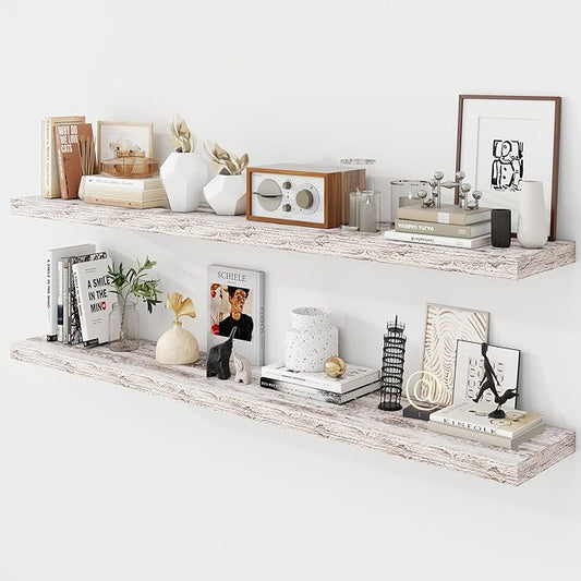 55 Inch Floating Shelves, 9.3" Deep Floating Shelf Wall Mounted, 56" Wall Shelves, Rustic Deep Bookshelf, Large Display Shelves & Storage Shelves for Bedroom, Living Room, Rustic, Set of 2