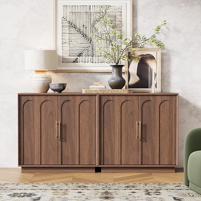 Sideboard Buffet Cabinet with Storage, Mid Century Modern Accent Cabinet with Arched Doors, Modular Media Console, Minimalist Credenza for Living Room Kitchen Dining Room Entryway, Walnut