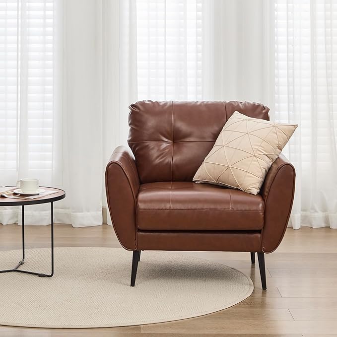 TYBOATLE Accent Chair, Comfy Modern Living Room Brown Leather Reading Accent Chairs Tufted Mid Century Arm Chair Small Salon Chair for Office Bedroom(1, Brown)