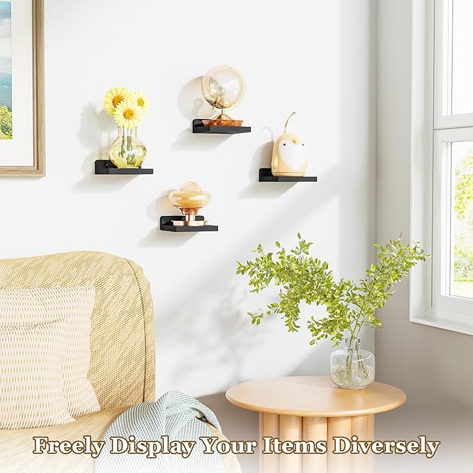 SRIWATANA Small Floating Shelves Wall Mounted, Wood Shelf for Decoration and Storage Set of 4, Mini Display Shelf for Bedroom, Bathroom, Kitchen, Office (Black, 5 inch) (Pack of 2)