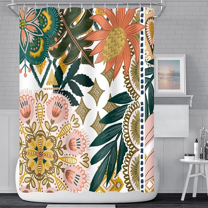 Bohemian Floral Bathroom Shower Curtain - Colorful Boho Leaves Flowers with Hooks - Polyester Waterproof Fabric Paisley Unique Trendy Woman Shower Curtain Decor, 48x72 Inch