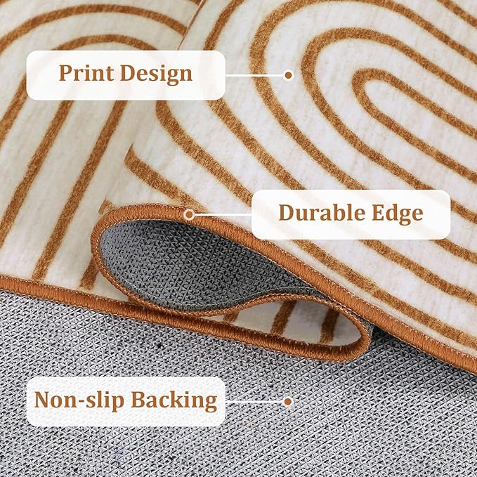Washable Rug 5x7 Area Rugs for Living Room, Abstract Rug for Bedroom, Soft Rainbow Non Slip Throw Rugs with Rubber Back, Low Pile Stain Resistant Boho Geometric Carpet for Dining Room,Orange