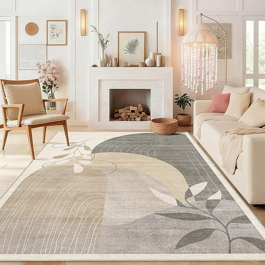 MUJOO Washable 8x10 Area Rugs for Living Room Bedroom Dining Room Large Boho Non Slip Carpet Indoor Mid Century Modern Abstract Botanical Geometric Neutral Beige