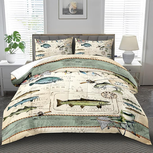 Fish Comforter Set Twin,Nautical Bedding Set Twin for Boy,Ocean Bedding Striped Quilt,Coastal Comforter Fishing Birthday Party Decorations,Nautical Quilt Fishing Decor for Kids and Adult