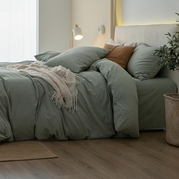 JIYUAN 100% Washed Cotton Duvet Cover Set 3 Pieces Oversized Queen, 1 Duvet Cover 98x98 Inches(Comforter Not Included) and 2 Pillowcases,Linen Feel Bedding Set Comfy and Breathable, Heathered Green