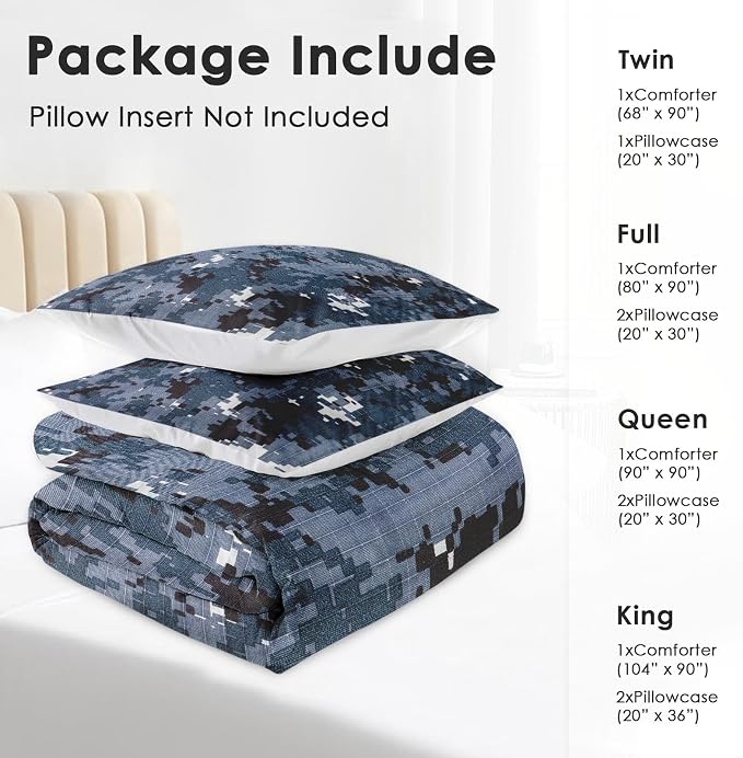 Comforter Set with 2 Pillowcases King Size, Digital Navy Blue Camouflage Camo, Bed Decor Army Military Brown Gray Seal Us for Kids and Adults, Soft Cozy Bedroom Bedding Set