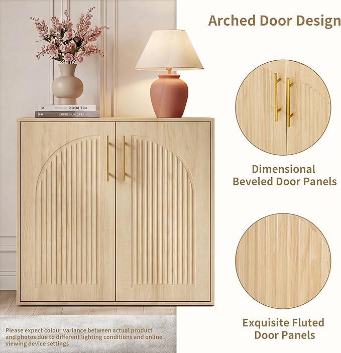 Fluted Sideboard Buffet Cabinet with Storage, Arched Doors & Adjustable Shelves, Modern Accent Credenza, Anti-Tip Console Cabinet for Living Room, Entryway, Hallway & Kitchen,Natural Oak