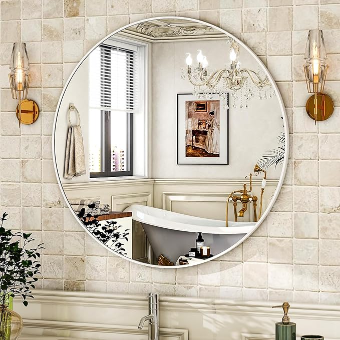 HARRITPURE Round Mirror 30" White Wall Mounted Circle Mirrors Vanity Mirror with Brushed Aluminum Alloy Frame Modern Decoration for Bathroom, Living Room, Vanity, Bedroom, Entryway
