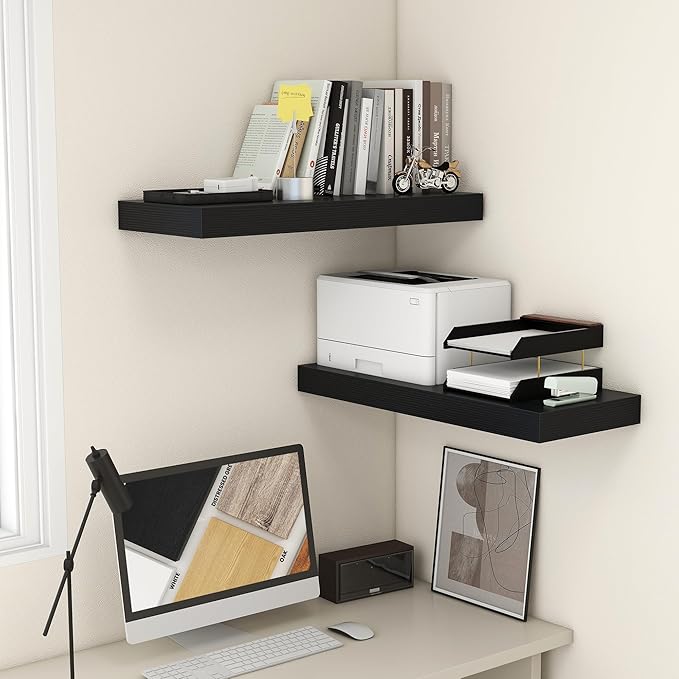 30 Inch Floating Shelves | 12 Inch Deep Black Floating Shelves Set of 2 | 30" W x 12" D Rustic Wood Shelves for Wall | Deep Black Shelves for Living Room Bathroom Laundry Room Kitchen