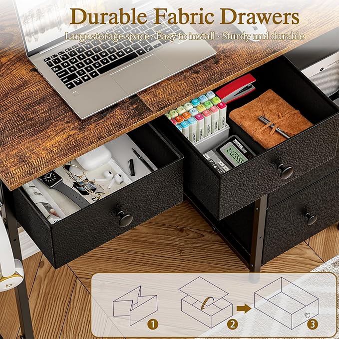 3IngSeagulls Small Computer Desk with 4 Fabric Drawers, Simple Writing Desk for Home Office, Compact Study Desks for Small Spaces, Kids Desk Study for Bedroom, Rustic Brown