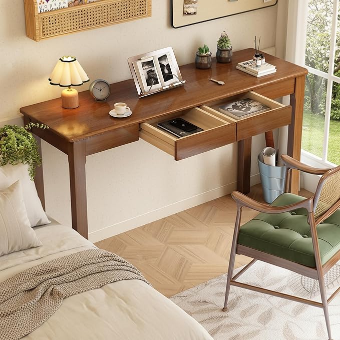 Wood Desk, Solid Wood Writing Table for Home Office, Mid Century Modern Desk with Drawers, Walnut (47inch / 120cm)