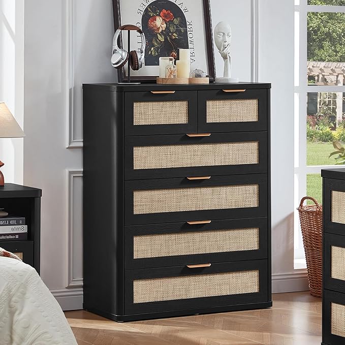 LEYAOYAO Rattan Dresser for Bedroom Set of 2, 42" Tall Chest of Drawers, Modern 6 Drawers Boho Dressers with Storage, Light Oak Dresser Wooden Closet Organizer for Living Room, Hallway, Black