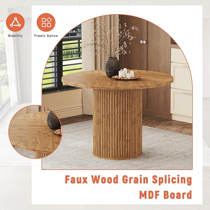 42" Round Dining Table for 4-6,Mid Century Modern Dining Room Table with Wood Grain,Rustic Kitchen Table with Round Pedestal for Dining Room Kitchen
