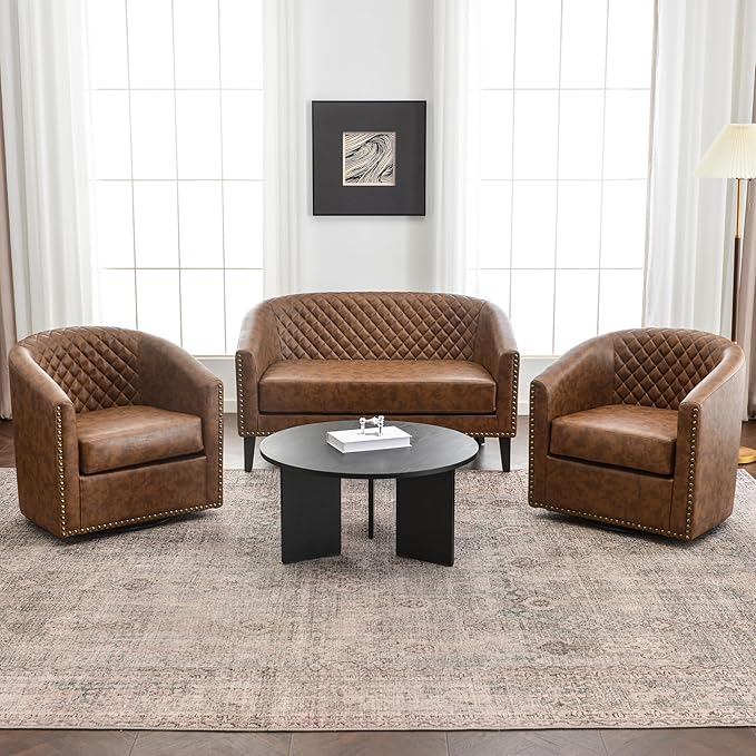 KINWELL 29" Wide Tufted Faux Leather Swivel Barrel Chair Set of 2, PU Leather Modern Upholstered Accent Chairs with Nailhead Trim, Small Armchair for Living Room Bedroom, Coffee