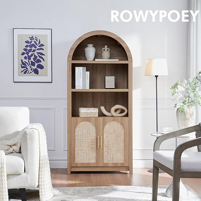 RowyPoey Rattan Arched Cabinet Bookshelf - 69.3” Tall Mid Century Display Cabinet, Rounded Bookcase with Rattan Doors, Open Shelf Storage for Dining Room (Caramel Oak, 2 PCS)