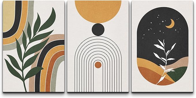 wall26 Canvas Print Wall Art Set Boho Mid-Century Crescent Moon Plant Landscape Nature Abstract Illustrations Modern Art Bohemian Decorative for Living Room, Bedroom, Office - 24"x36" x 3