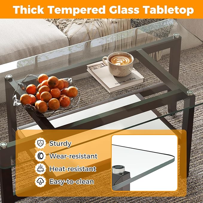 Tangkula Glass Coffee Table, 42” 2-Tier Rectangular Center Table with Storage Shelf & Solid Rubber Wood Legs, Modern Cocktail Table for Living Room, Home Office (Brown, 42" x 23.5")
