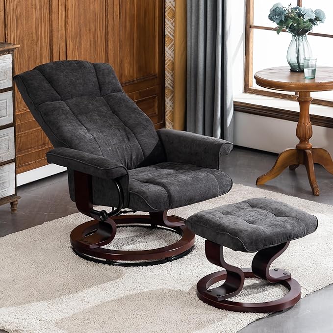 MCombo Manual Swivel Recliner with Ottoman, Chair Ottoman Set for RV Small Spaces, Living Room, Bedroom, Office 4919 (Textile, Grey)