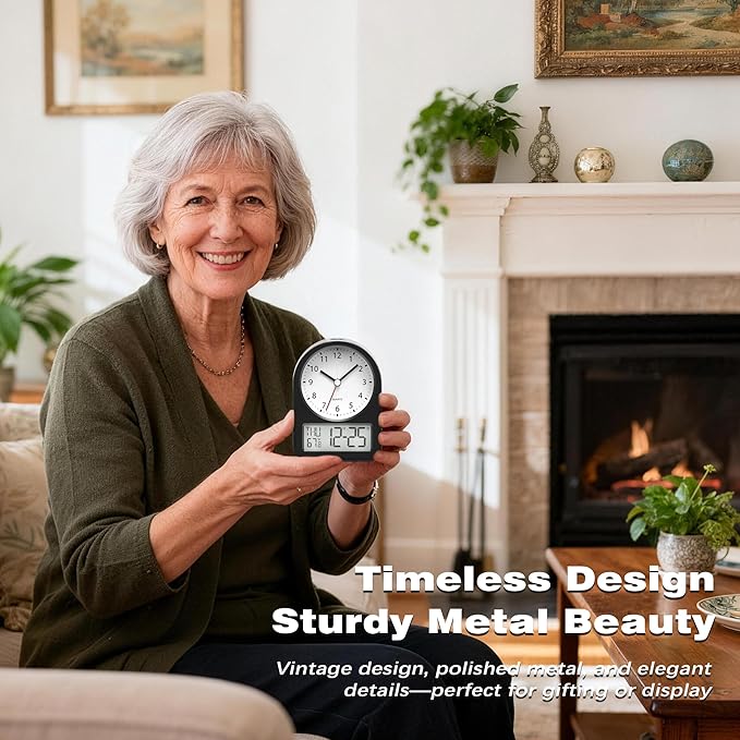 AYRELY® 4" Analog Digital Alarm Clock, Battery Operated Desk Clock, Table Clock with Snooze Calendar Temperature for Living Rooms Bedrooms Shelf Home Decor