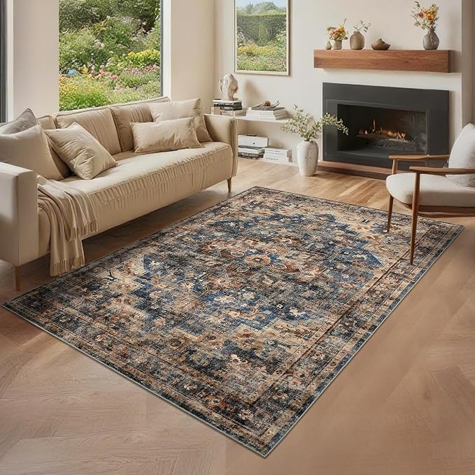 Washable 4x6 Area Rug Boho Vintage Floral Small Carpet Low Pile Soft Bedroom Carpet Non Slip Office Rugs Non Shedding Floor Covers for Nursery Kitchen Dining Living Room Blue Brown