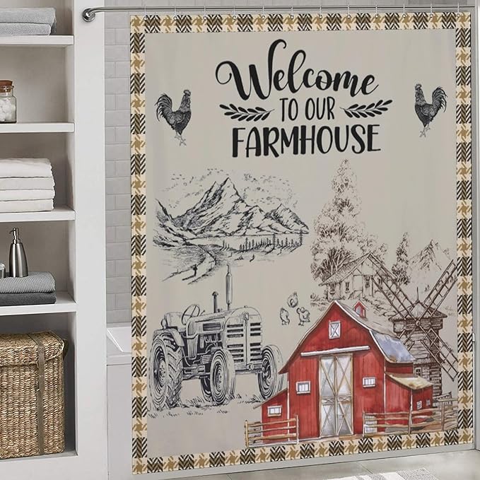 Farmhouse Animal Cabin Shower Curtains Rustic Plaid Buffalo Barn Rooster Waterproof Shower Curtains for Bathroom Decor 12 Pack Hooks 72x72in (183x183cm)