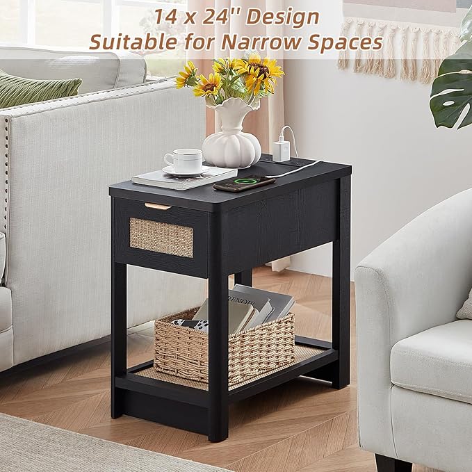 Lerliuo Narrow Night Stand Set of 2 with Charging Station, Boho Nightstand with Drawer, Bed Side End Table with Rattan Shelf for Small Spaces, Wood Nightstands Bedside Tables for Living Room Bedroom