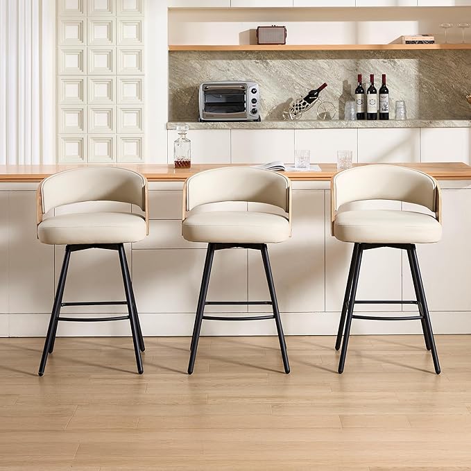 Swivel Bar Stools Set of 3, 26" Counter Height Bentwood Barstool, Upholstered Faux Leather Barstools with Walnut Back, Mid Century Modern Bar Chairs for Kitchen Island, Bar