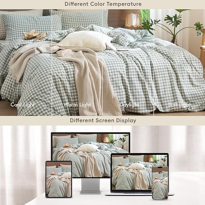 MooMee Gingham Duvet Cover Set 100% Washed Cotton Linen Like Textured Breathable Durable Soft Comfy Modern Checkered Design (Sage Green Gingham, Palatial King/Oversized King 120"x98")